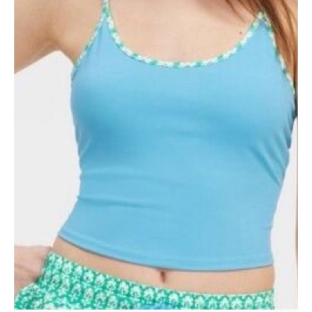 Roller Rabbit Blue Tankini Swimsuit Top XS Green Trim Lace Up Back bathing suit - Picture 10 of 10